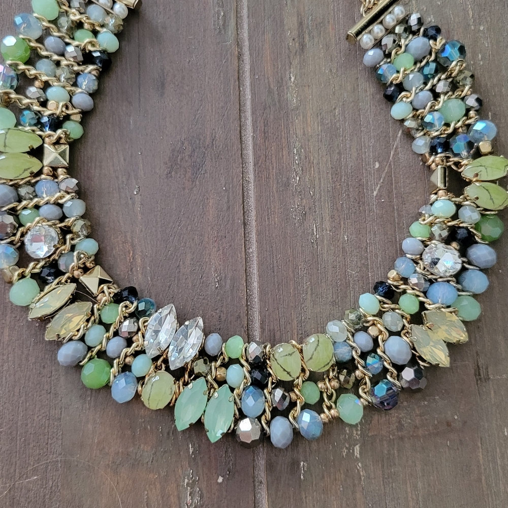 Blue and Green AB Crystal & Prong Set Beaded Bibb Necklace - Picture 5 of 5